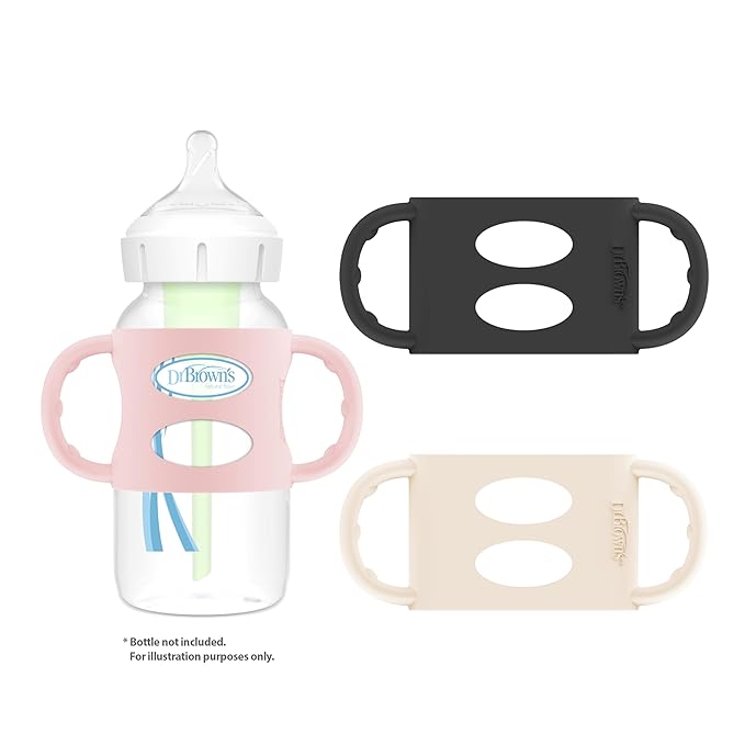 Dr. Brown's Wide-Neck Baby Bottle Handles, 100% Silicone, Easy Grip Removable Handles for Bottle to Sippy Cup Transition, Black/Ecru/Pink, 3-Pack, 4m+