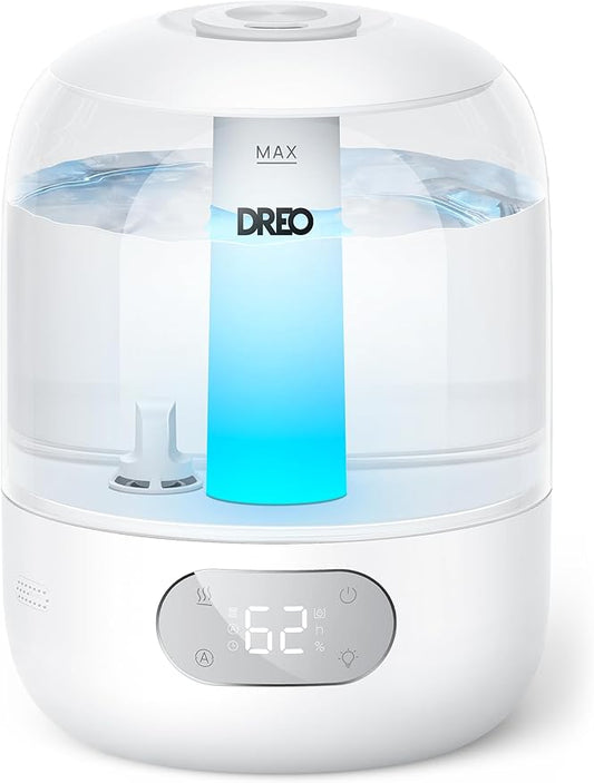 Dreo Humidifiers for Bedroom, 3L Top Fill 30H & 26dB Quiet Runtime for Large Room, Cool Mist Ultrasonic Humidifier with Humidity Sensor, Night Light for Home, Baby, Nursery, Plants, 360° Nozzle, White