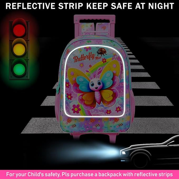 gxtvo Girls Rolling Backpack, Cute Butterfly Roller Wheels Kids Bookbag - Wheeled Elementary School Bag - 3PCS Butterfly