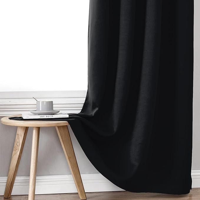 ChrisDowa 100% Blackout Curtains for Bedroom with Black Liner, 2 Thick Layers Total Blackout Thermal Insulated Grommet Small Window Curtains 2 Panels Set (Black, 42 x 54 Inch)