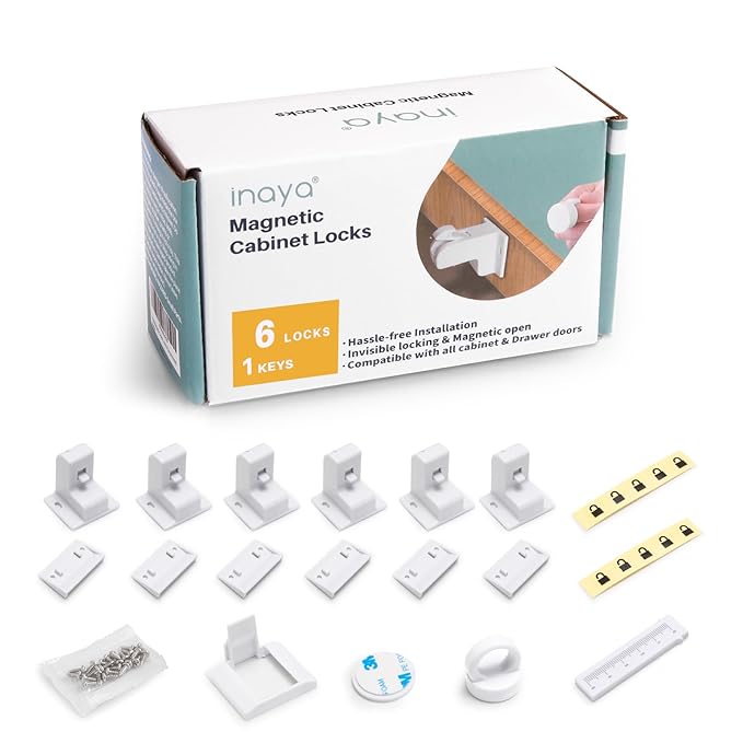 Inaya Magnetic Cabinet Locks for Baby Proofing, 6 Locks & 1 Key, Child Proof Magnet Locks for Cabinets & Drawers with Invisible Design, 3M Adhesive for Easy Installation - No Drill & Tools Needed