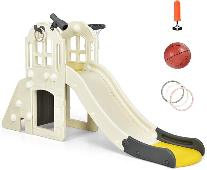 BABY JOY Toddler Large Slide, 6 in 1 Slide for Kids with Basketball Hoop, Ring Toss, 2 in 1 Convertible Climbing Way, Freestanding Kids Slide Climber Set for Indoors Outdoor Boys Girls Gifts Present