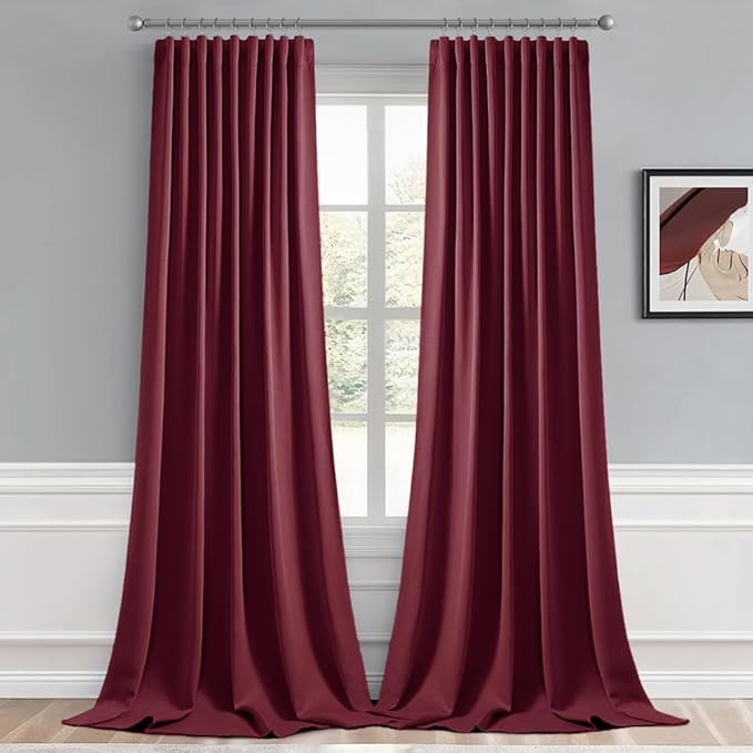 MIULEE Wine Red Back Tab Blackout Curtains 108 Inch Long 2 Panels Set for Bedroom, Rod Pocket/Pinch Pleat Extra Long Thermal Insulated Living Room Darkening Pleated Light Blocking Drapes