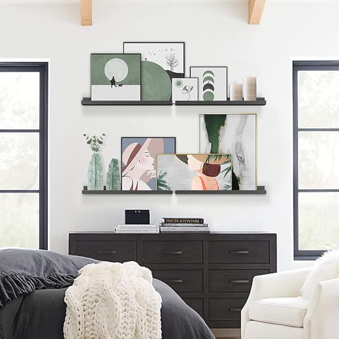 Forbena 24 Inch Long Picture Ledge Shelf Set of 4, Black Wood Floating Shelves for Wall with Lip, Rustic Display Shelves for Living Room Hallway Bedroom Office Photo Frames Bathroom Nail Polish