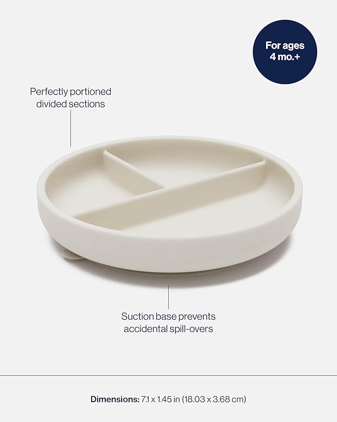 Lalo Suction Plates - 2 Pack, 100% Silicone Non-Toxic BPA-Free Baby Plates with Suction Base To Prevent Accidental Tip-Overs - Suction Plates for Toddlers With Three Divided Sections - Oatmeal