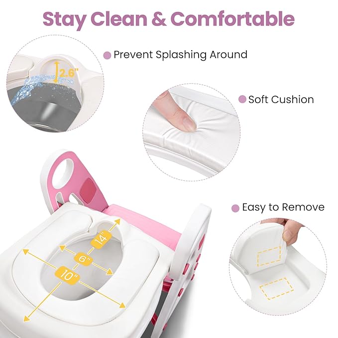 Primlect Potty Training Seat, 2-in-1 Toddler Toilet Seat with Step Stool, Ultra-Stable Potty Chair Attachment, Adjustable Seat and Step Ladder, Non-Slip Design, Splash Guard for Boys and Girls(Pink)