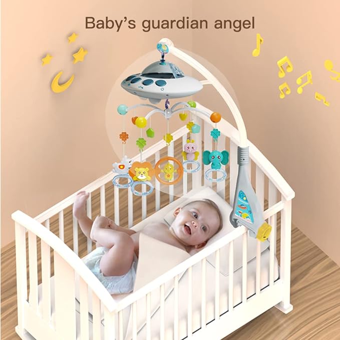 Baby Musical Crib Mobile with Night Lights and Relaxing Music,Hanging Rotating Animals Rattles,Stars Projection,Remote Control,for Boy Girl Newborn Baby Toys（Blue）