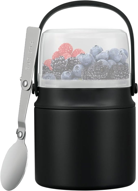 2-in-1 Insulated Food Jar & Snack Container - 15oz Kids Soup Thermos for Hot Food with Handle and Spoon, Leak Proof Reusable Toddler Snack Box, Perfect for School & Travel, Black