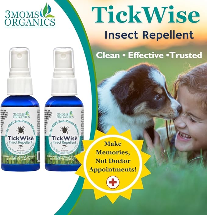 3 Moms Organics, TickWise 2oz Extra Strength Happy Campers 2-Pack - DEET- Free, Tick and Insect Repellent, Plant Based Essential Oils, All Natural Ingredients, Safe for Kids, Adults, Dogs & Horses