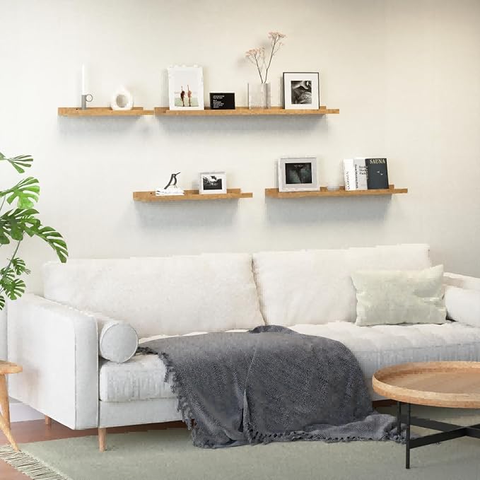 35.3 Inches Long Floating Shelves, 2 Set Rustic Wall Shelf for Bedroom, Nursery Book Shelf with Lip, Picture Ledge Shelf for Wall Decor Living Room Bathroom Kitchen - Oak