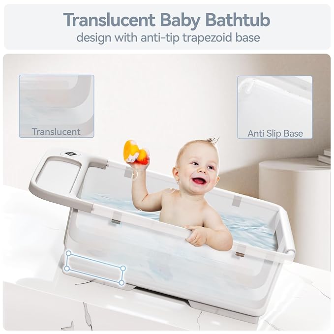 Collapsible Baby Bathtub - Large Capacity Baby Bath Tub with Thermometer & Soft Cushion | Portable Travel Newborn Infant Bathtub | Foldable Toddler Bathtub for Baby 0 to 36 Months (no Stand)