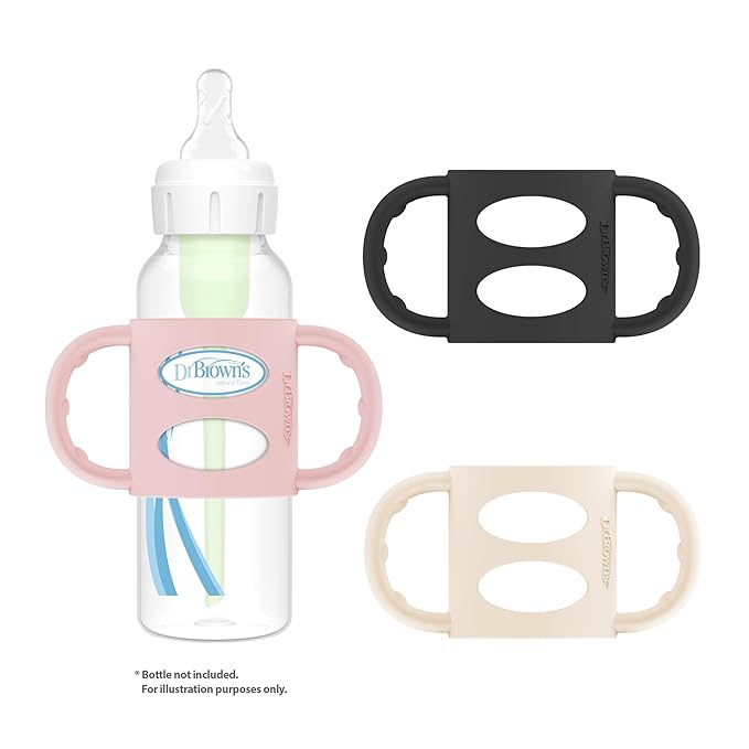 Dr. Brown's Narrow Baby Bottle Handles, 100% Silicone, Easy Grip Removable Handles for Bottle to Sippy Cup Transition, Black/Ecru/Pink, 3-Pack, 4m+