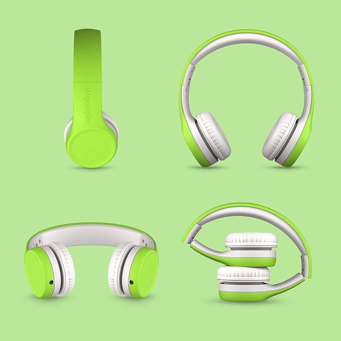LilGadgets Connect+ Wired Kids Headphones for School with Mic, Volume Limited & Noise Reduction, On-Ear Headset with Cord, SharePort Technology for Multiple Kids & SoftTouch Padding, Green