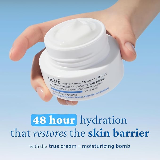 belif Moisturizing Bomb – Daily Ceramide Moisturizer with Peptide & Squalane, 48hr Hydration & Anti-Aging Cream, Milky & Lightweight, Restores Skin Barrier, Korean Skincare, 1.68 fl oz (50ml)
