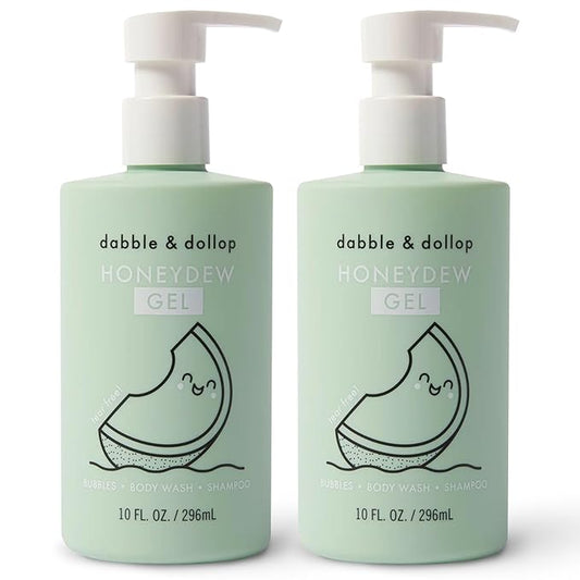 Dabble & Dollop Honeydew Melon Body Wash & Shampoo – 3-in-1 Natural Bubble Bath for Kids, Made in USA, No Parabens or Sulfates, Vegan, Gluten-Free, Tear-Free (10oz, Pack of 2)