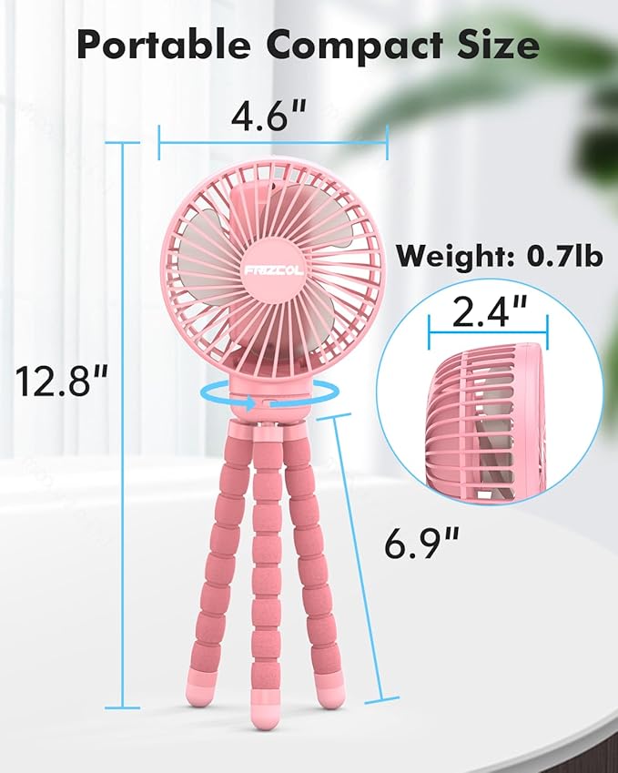 FRIZCOL Stroller Fan for Baby - Portable Fans Rechargeable - Battery Operated Fan(Use for 24Hrs) - Fans for Handheld/Clip On/Car Seat/Desk/Camping (Pink)