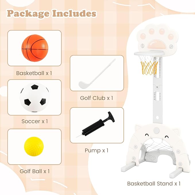 Costzon 3 in 1 Toddler Basketball Hoop, Height Adjustable Kids Sports Center w/Foldable Basketball, Soccer & Golf Game, Indoor Outdoor Activity Playset w/Foldable Rim, Gift for Children Baby Infant