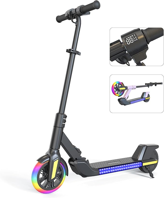 Electric Scooter for Kids Ages 6-12， Max Speed 6.5MPH, max Range 6Miles， with Acceleration Throttle and Electronic Brake， Foldable and Height Adjustable Kids Electric Scooter