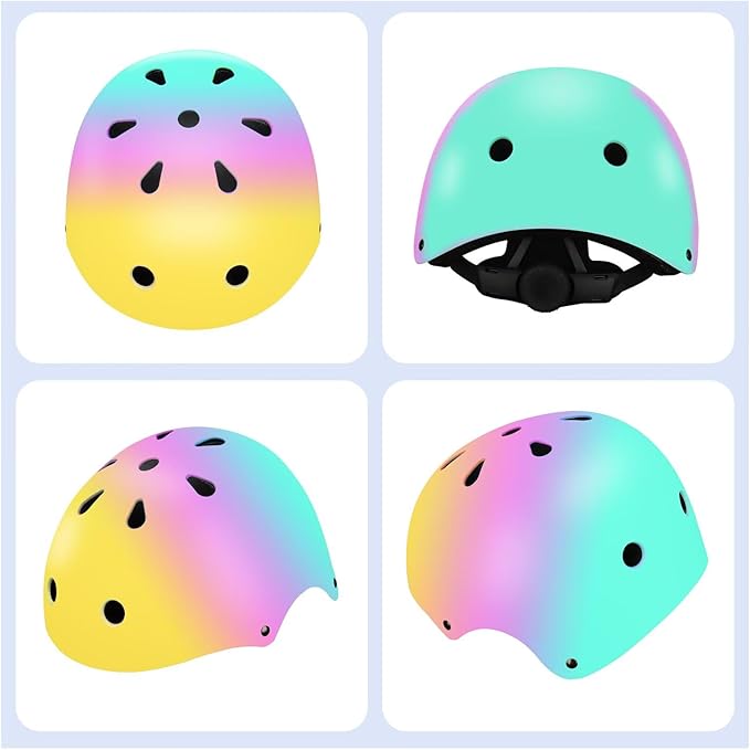 Color Gradient Adjustable Kids' Helmet with Knee & Elbow Pads Set | Multi-Sport Safety Gear for Boys & Girls Ages 5-14 | Skateboarding, Scooters, Roller & Inline Skating, Longboarding