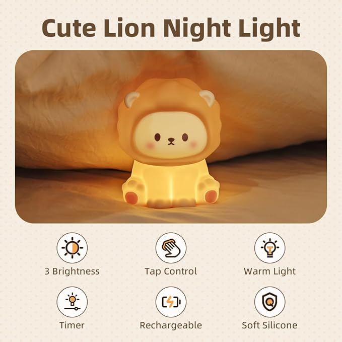 Cute Lion Night Light for Kids, Rechargeable Nursery Lamp with Timer, 3 Brightness Levels & Warm Light, Soft Silicone Baby Night Light, Tap Control, Gift for Toddlers