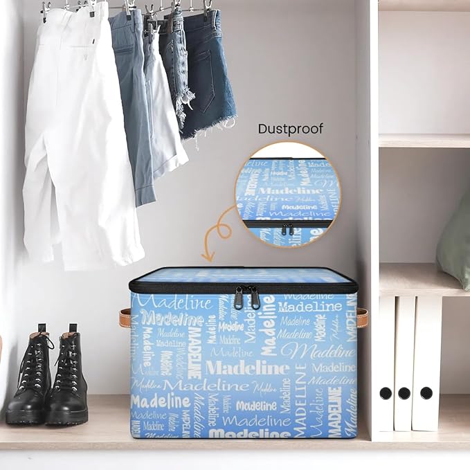 Custom Storage Basket with Name, Personalized Storage Bins with Zipper Lid, Foldable Fabric Storage Box Large capacity with Handle Blue