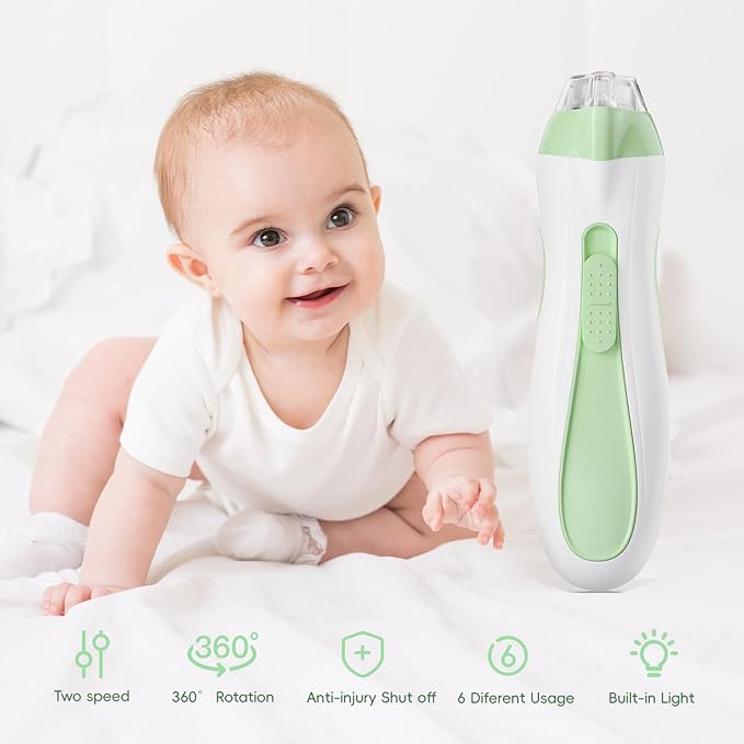 Baby Nail Trimmer Electric, 15 in 1 Baby Nail Clippers for Gentle Nail Care, Rechargeable Baby Nail File Electric with Light &15 Grinding Pads for Infant Toddler, Green
