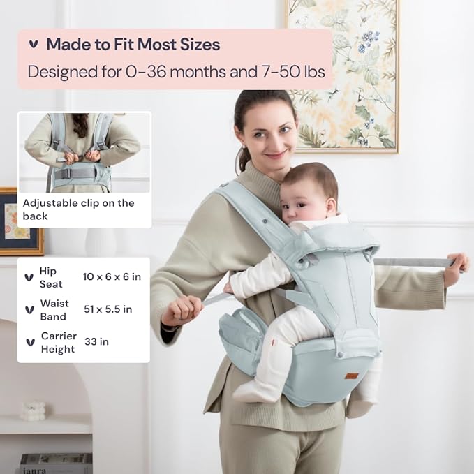 BabbleRoo Grow Carrier – Safety-Certified 6-in-1 Baby Carrier with Hip Seat, Ergonomic & Adjustable Toddler Carrier 7-50 lbs with Hip Support, Hood for Sun Protection, Newborn to Toddler, Seafoam