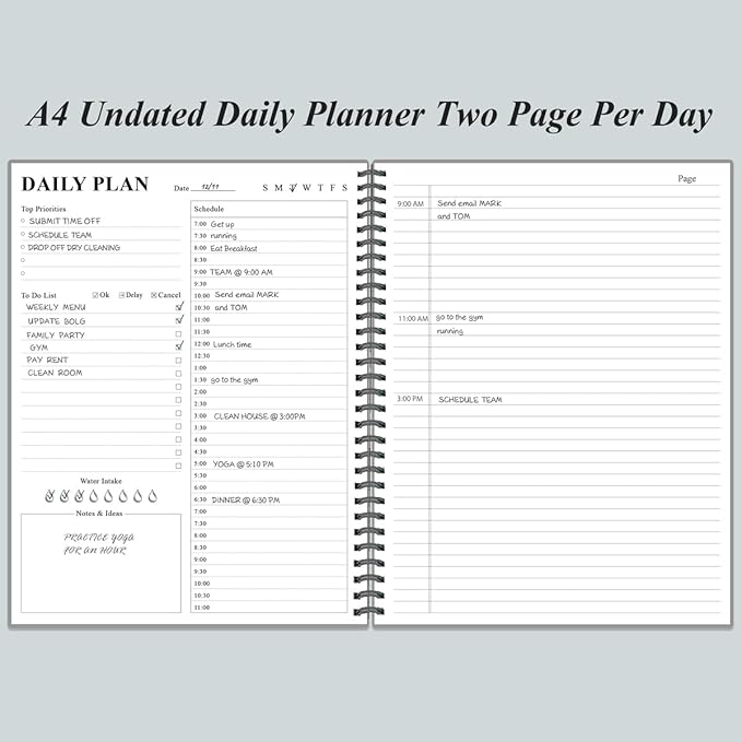 Daily Planner Undated - A4 To Do List Notebook Hourly Schedules, Spiral Appointment Planner for Women and Men,PVC Hardcover, Inner Pocket, Elastic Closure, 8.5" x 11", Grey