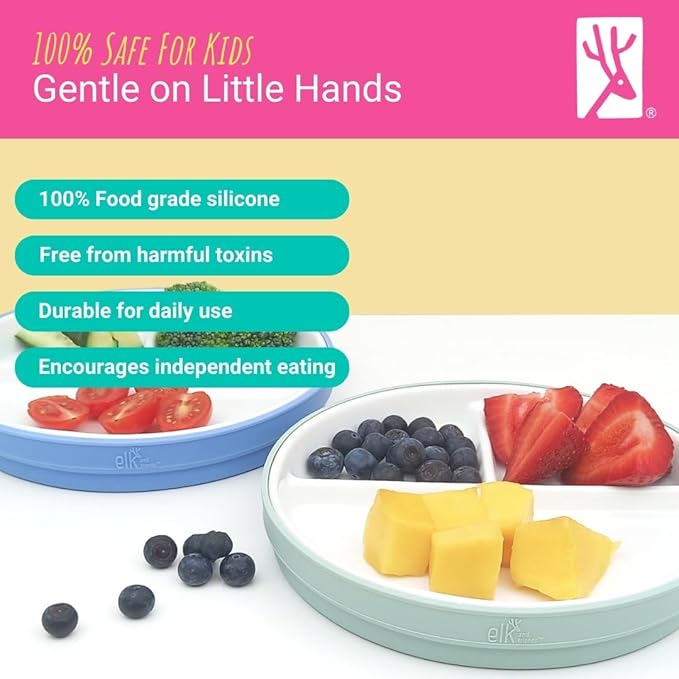 Elk and Friends Kids 7.8” Porcelain White Plates with Silicone Sleeves + Lids | Divided Plates | Suitable for Kids/Toddlers | Microwave & Dishwasher Safe | Non Slip | Snack Dishes…