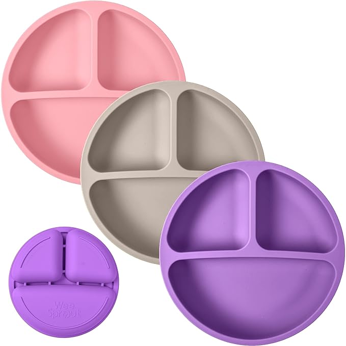 WeeSprout Silicone Plates for Babies & Toddlers (3 Pack) 100% Food-Grade Dishes for Self Feeding, Divided Design & Raised Edges for Picky Eaters, Dishwasher & Microwave Safe Weaning Supplies