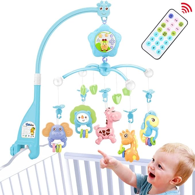 Baby Mobile for Crib with Musicial and Lights, Remote, lamp, Projector for Pack and Play, for Ages 0+ Months (Blue-Forest)