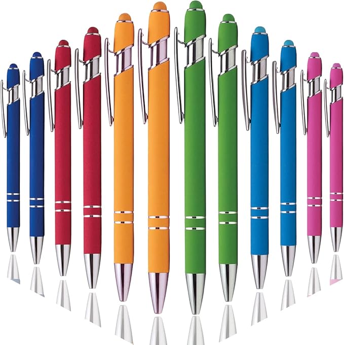 Ballpoint Pen with Stylus Tip, Soft Touch Click Metal Pen, 1.0mm Medium Point, Black Ink, 12 Count(6 Colors)