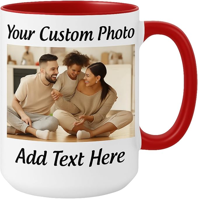 Customized 15oz Ceramic Coffee Mugs with Personalized Text and Photo Image Upload Novelty Gift, Personalize With Different Design And Images, Custom Gift (Red)