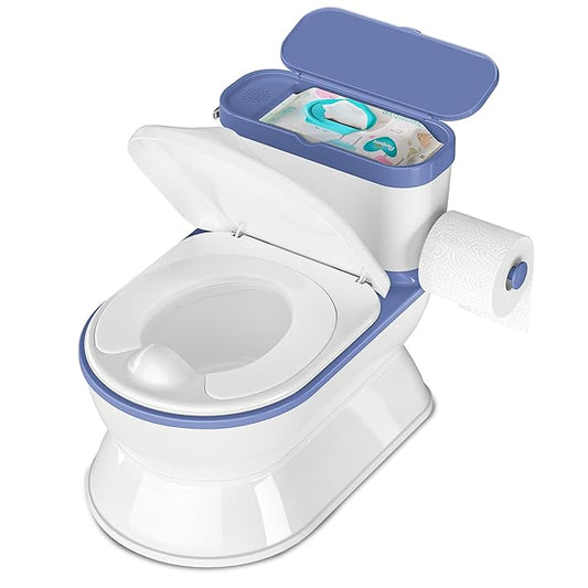 2-in-1 Toddler Potty Training Toilet - Larger Potty Chair & Detachable Training Seat for Boys & Girls Ages 1-3 with Flushing Sound, Wipes Storage, Toilet Paper Holder - Blue