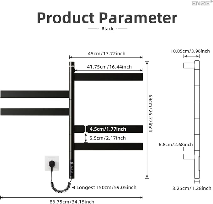 ENZE Smart Rotating Heated Towel Rack for Bathroom, Wall-Mounted Electric Towel Dryer with Swivel Bars, Smart Timer, Low Carbon Steel, IPX5, Plug-in/Hardwired, Towel Warmer with Wi-Fi App Control