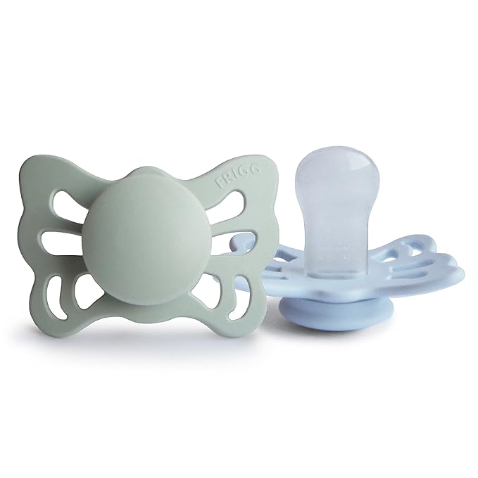 FRIGG Butterfly Anatomical SilkySoft Silicone Baby Pacifier | Made in Denmark | BPA-Free (Sage/Powder Blue, 0-6 Months)