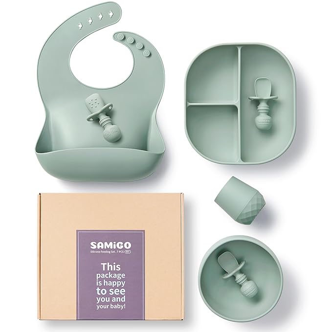 SAMiGO Silicone Baby Feeding Set, Baby Led Weaning Supplies, Suction Bowl Plate Bib Cup Self Feeding Spoons, Solid Food Eating Essentials, First Stage Utensils, 6+ Months