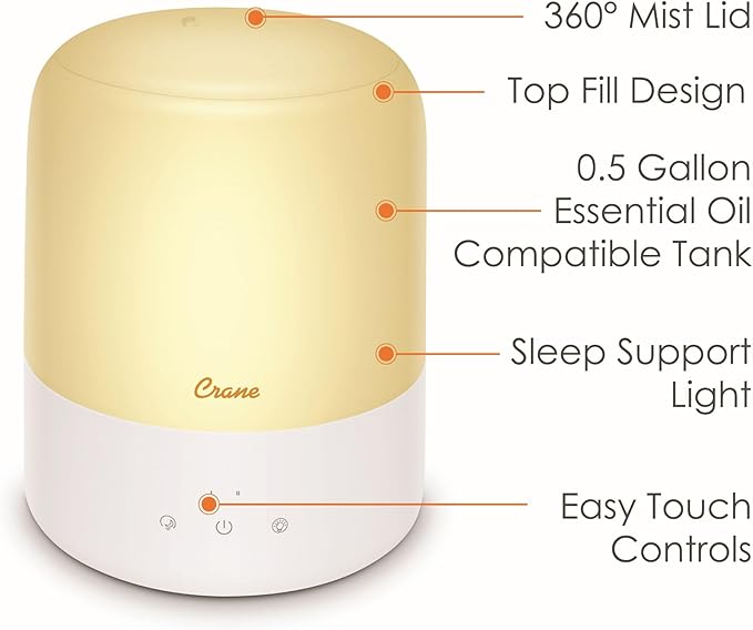 Crane Top Fill Mini Humidifier for Bedroom and Nursery 3-in-1 Essential Oil Diffuser Sleep Light 0.5 Gallon Baby Humidifier
