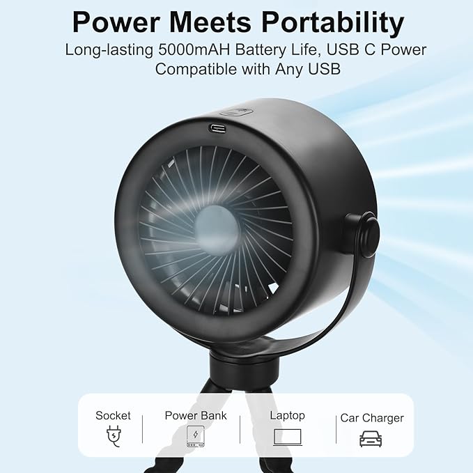 5000mAh Portable Stroller Fan with LCD Display, 5-Speed, Rechargeable Battery Operated, 360° Rotation, Tripod Clip, 17-Hour Battery Life for Carseat, Strollers, Cribs, Wheelchairs, Bedrooms & Travel