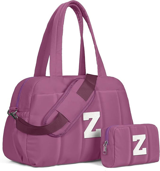 Duffle Bag with Initial, Spend The Night Bags for Women，Overnight Bag with Wet Pocket，Lightweight Stuff for Girls Travel Bags Personalized Gym Tote with Makeup Pouch