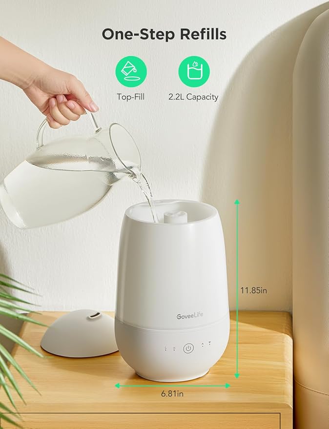 GoveeLife Humidifiers for Bedroom, Smart Cool Mist Air Humidifier for Baby, Nursery, Plants, Easy to Clean & Top Fill Ultrasonic Humidifier with APP & Voice Control, Essential Oil Diffuser, Nightlight