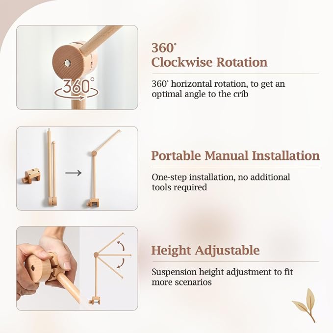 Baby Crib Mobile Arm - Wooden Mobile Arm with Height Adjustable＆360° Rotatable Upgraded Arched Base Nursery Mobile Holder for Crib Mobile Hanger Baby Crib Attachment Nursery Decor
