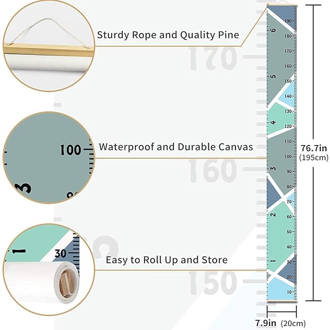 Growth Chart Wall Hanging, Portable Kids Wall Ruler Removable Height Measure Chart for Boys Girls Growth Ruler from Baby to Adult for Child's Room Decoration 79''7.9''
