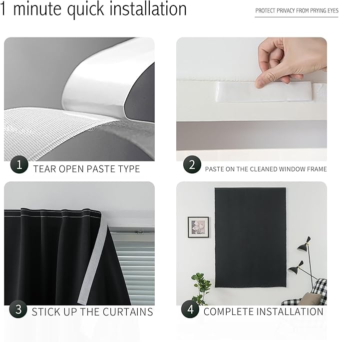 Adhesive Blackout Curtains- Self Stick Shades Window Blinds Curtains No Rod Needed Easy to Hang Curtains, Use for Bedroom, Living Room, Dining Room, Kitchen, Home Office, 35"W X 59"L, Black, 1 Panel