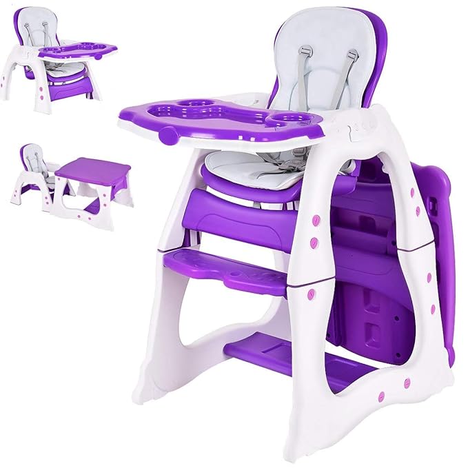 Costzon Baby High Chair, 3 in 1 Infant Table and Chair Set, Convertible Booster Seat with 3-Position Adjustable Feeding Tray, Adjustable Seat Back, 5-Point Harness (Purple)