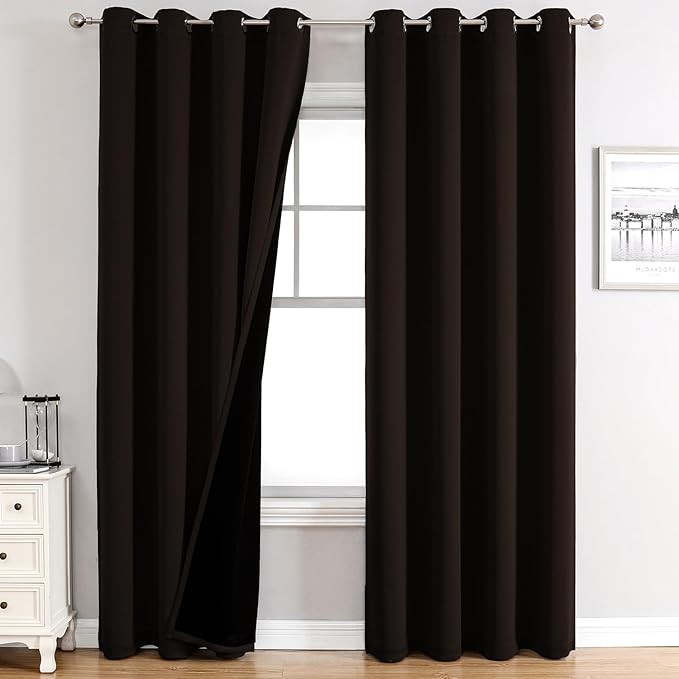 ChrisDowa 100% Blackout Curtains 90 inch Long for Bedroom with Black Liner, 2 Thick Layers Total Blackout Thermal Insulated Grommet Long Window Curtains 2 Panels Set (Brown, 52 x 90 Inch)