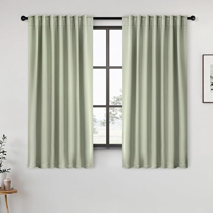 ANRODUO Sage Green Room Darkening Curtains 63 Inches Long Thermal Insulated Window Treatment Panels Back Tab Rod Pocket Blackout Green Curtains for Bedroom Living Room