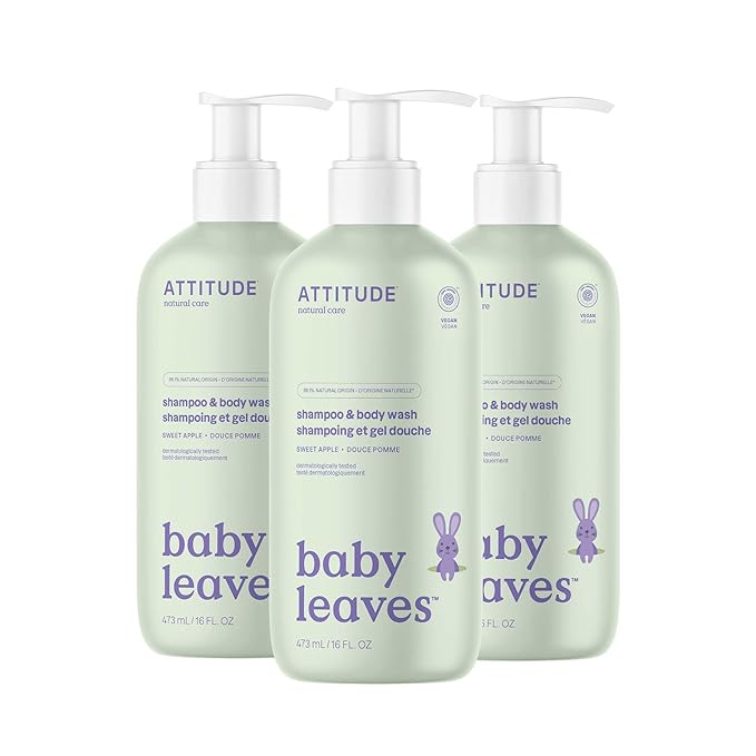 ATTITUDE 2-in-1 Shampoo and Body Wash for Baby, EWG Verified, Dermatologically Tested, Made with Naturally Derived Ingredients, Vegan, Sweet Apple, 16 Fl Oz (Pack of 3)