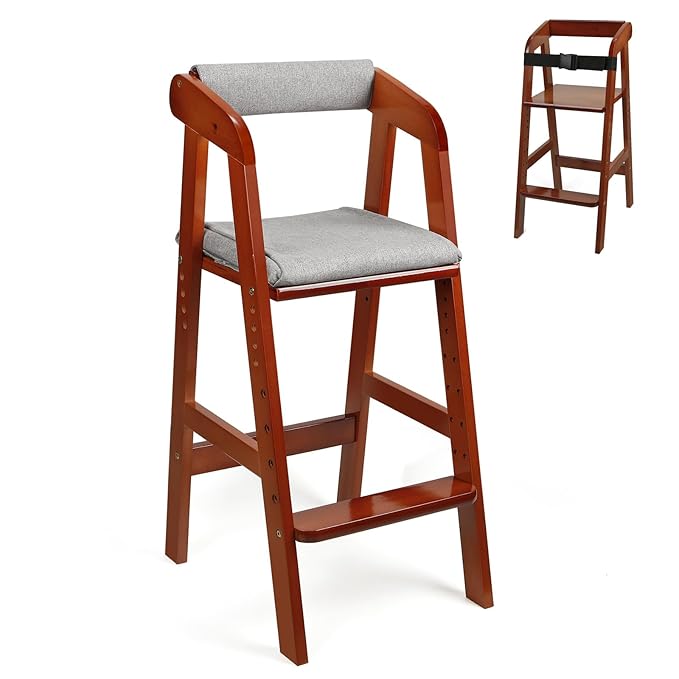 PandaEar Wooden High Chair for Toddlers, Adjustable Child Highchair Feeding Chair with Removable Cushion & Steps for Kids Dining, Eating, Studyin (Walnut)