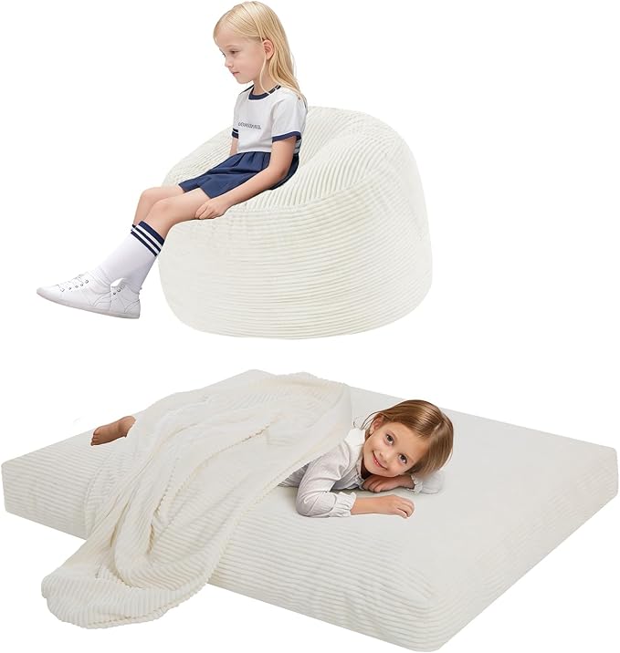 COMAX Kids Bean Bag Chair Turn into Beanbag Bed, Toddler Bean Chair Corduroy for Girl Boy Sleeping, Lazy Children Bean Bags with Filler, Convertible Child Floor Mattress, Beige